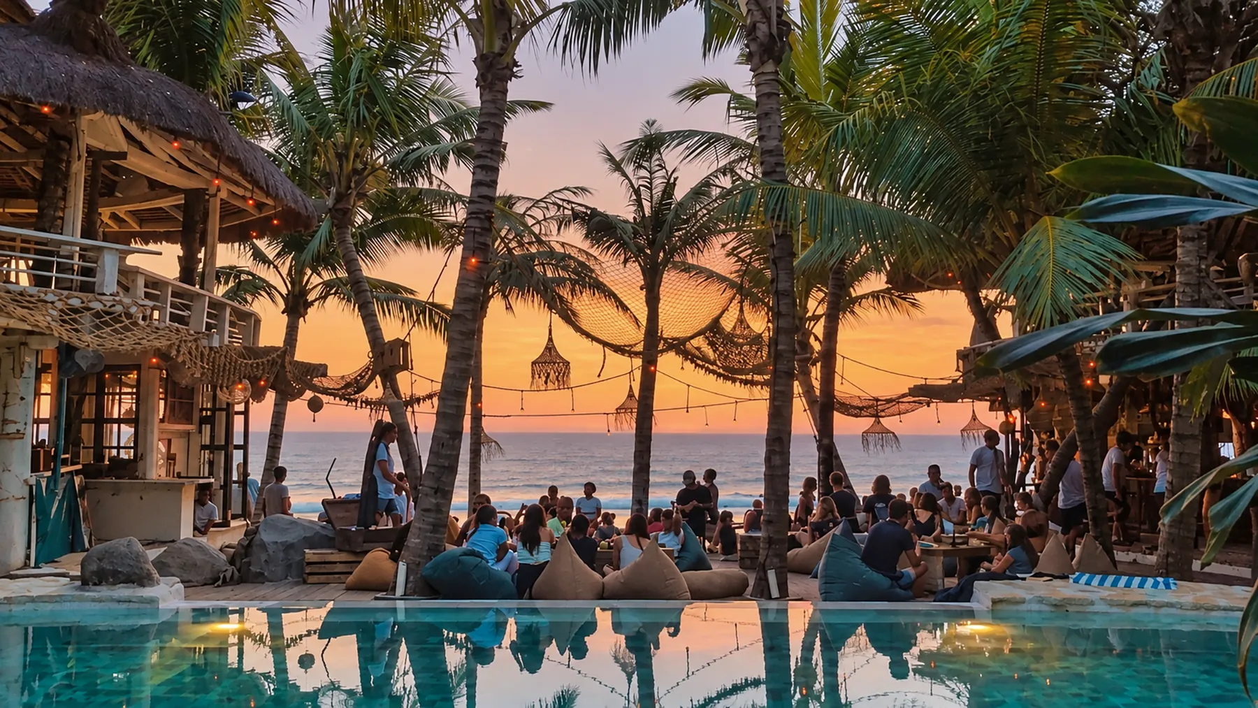 Beachfront club in Canggu at sunset with alang-alang roof, palms and the Indian Ocean
