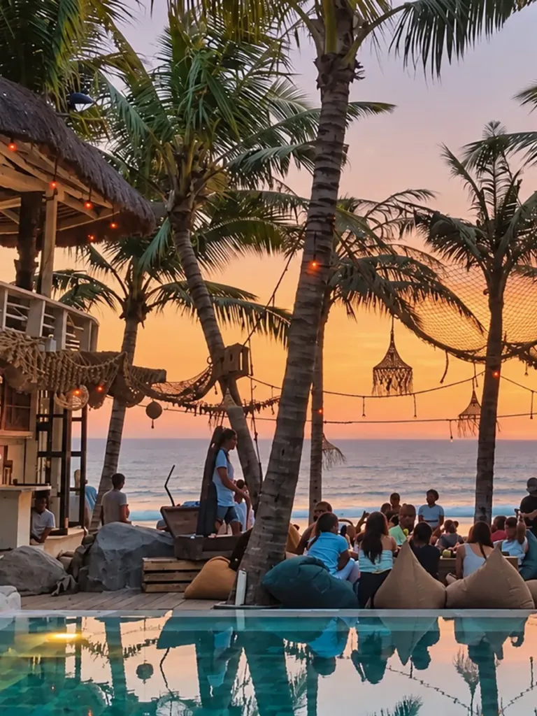 Palms and sunset over the beach in Canggu, Bali