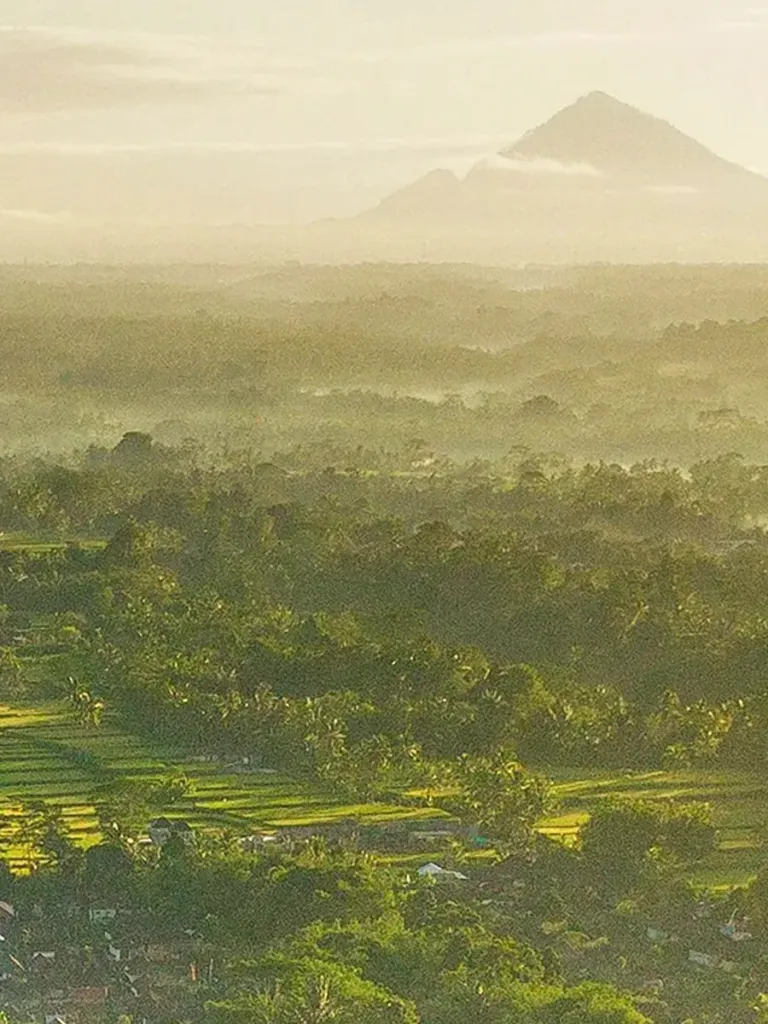 Mist over rice terraces and a volcano outside Ubud, Bali, at sunrise