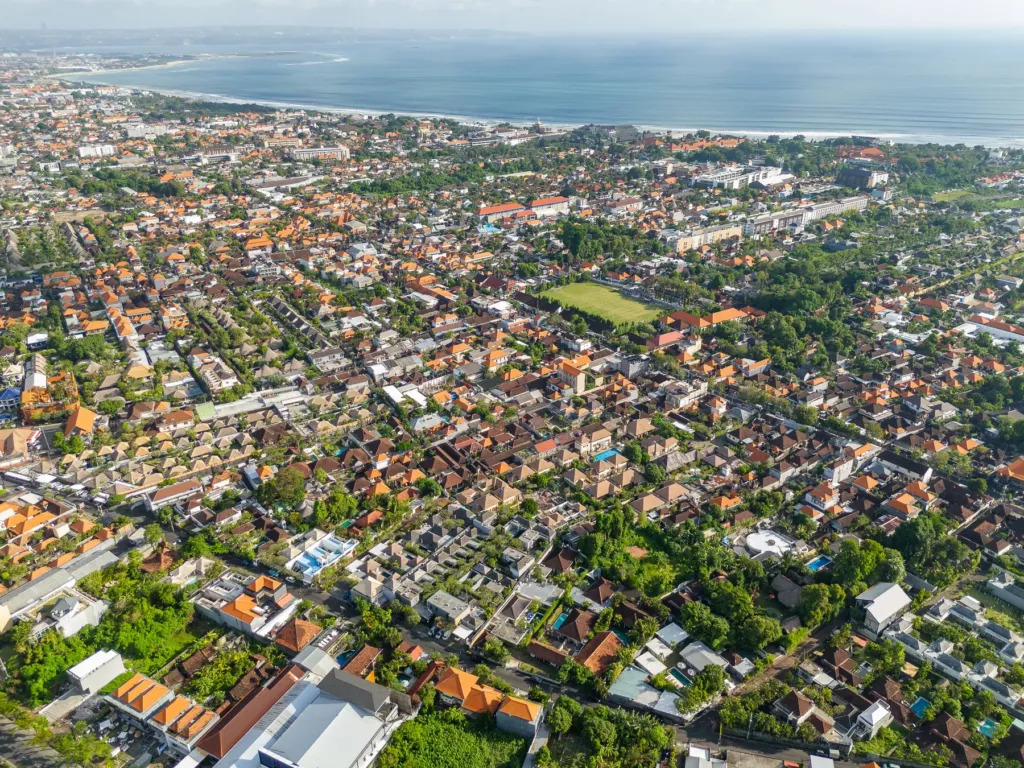 Aerial over Seminyak showing how close Villa Reviva sits to the coast