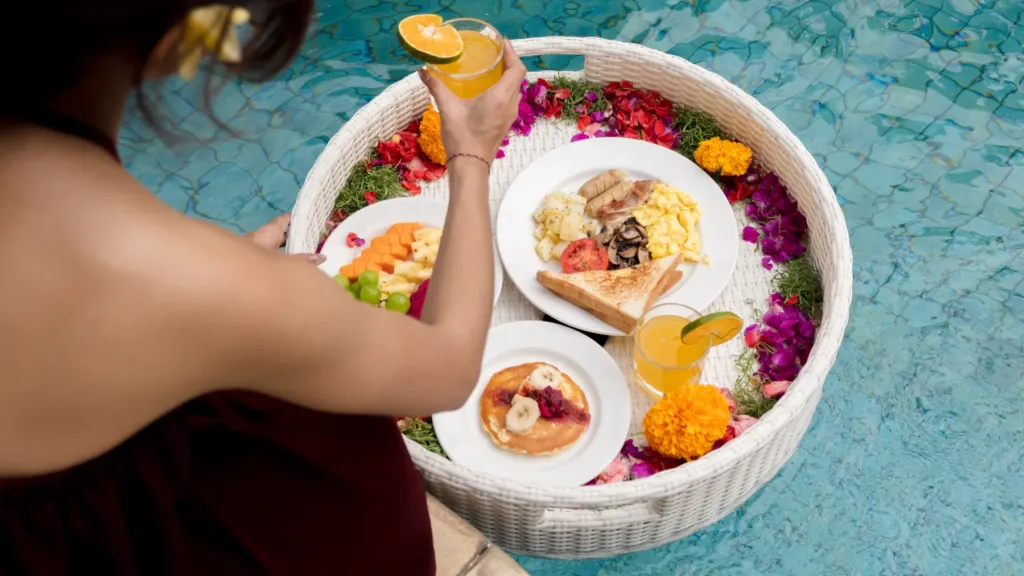Floating breakfast tray in the pool at Villa V Seminyak