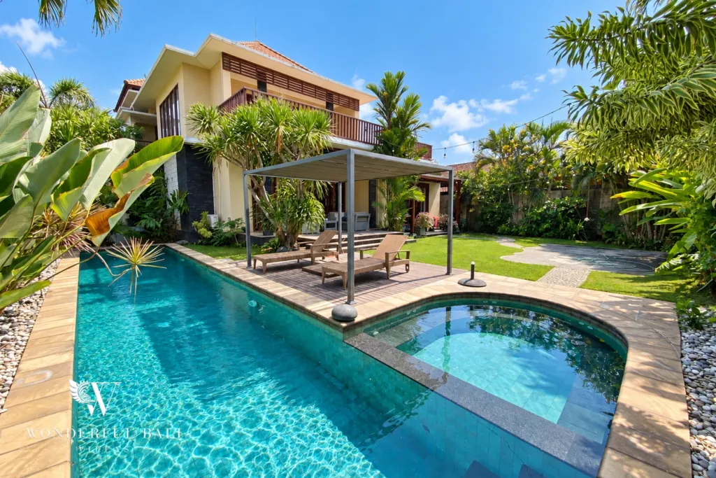 3BR villa for rent in Sanur — long private pool and garden in front of the two-storey villa