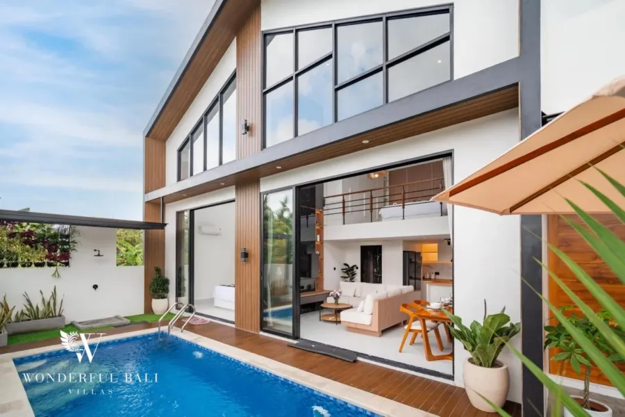 3BR villa for sale in Saba, Gianyar — modern gabled villa with private pool, timber cladding and glass living doors