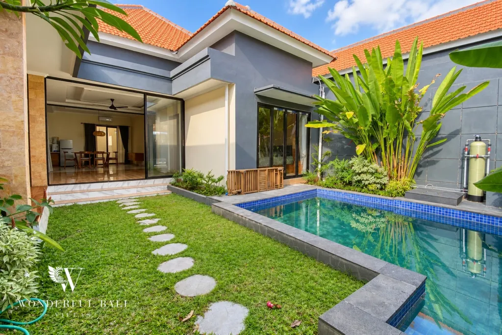 3BR villa for sale or rent in Sanur — single-storey villa with private pool, stepping-stone lawn and tropical garden