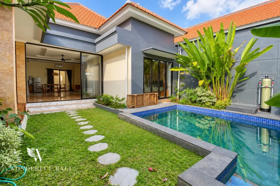 3BR villa for sale or rent in Sanur — single-storey villa with private pool, stepping-stone lawn and tropical garden