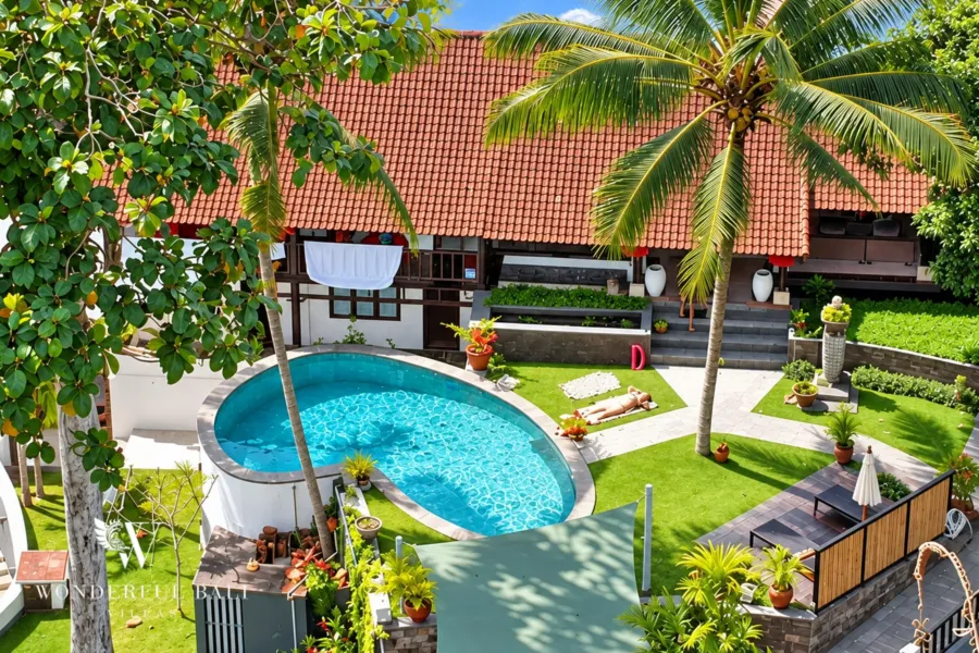 3BR villa for rent in Tabanan — modern-colonial villa with a kidney-shaped pool, lawn and rice field views