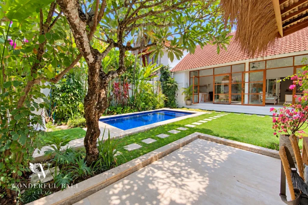 2BR villa Berawa, Canggu — tropical villa with private pool, lawn and thatched dining pavilion in a quiet part of Berawa
