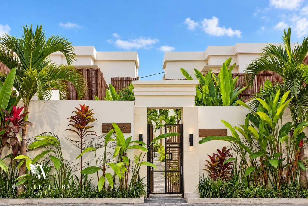 3BR villa for rent in Padonan, Canggu — walled entrance of a modern tropical villa with private pool