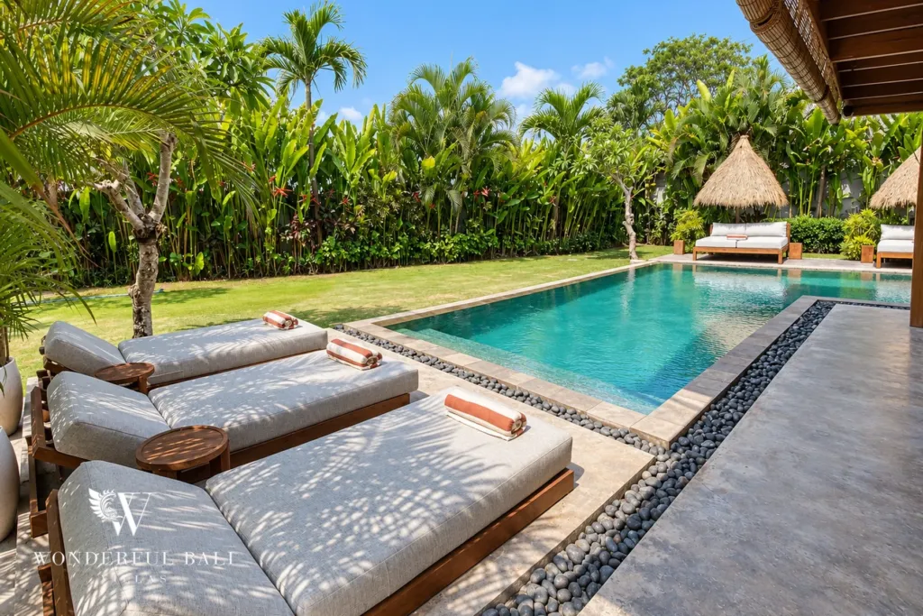 3BR villa Seseh, Canggu — poolside daybeds