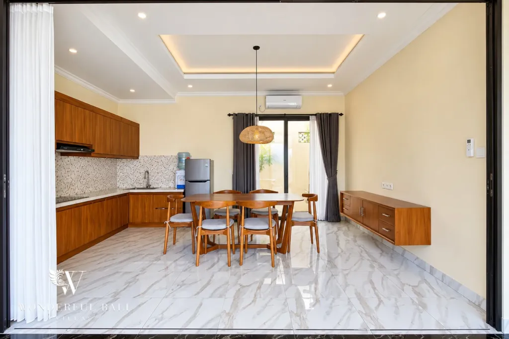 3BR villa for sale or rent in Sanur — bright open living and dining area with marble-look floors