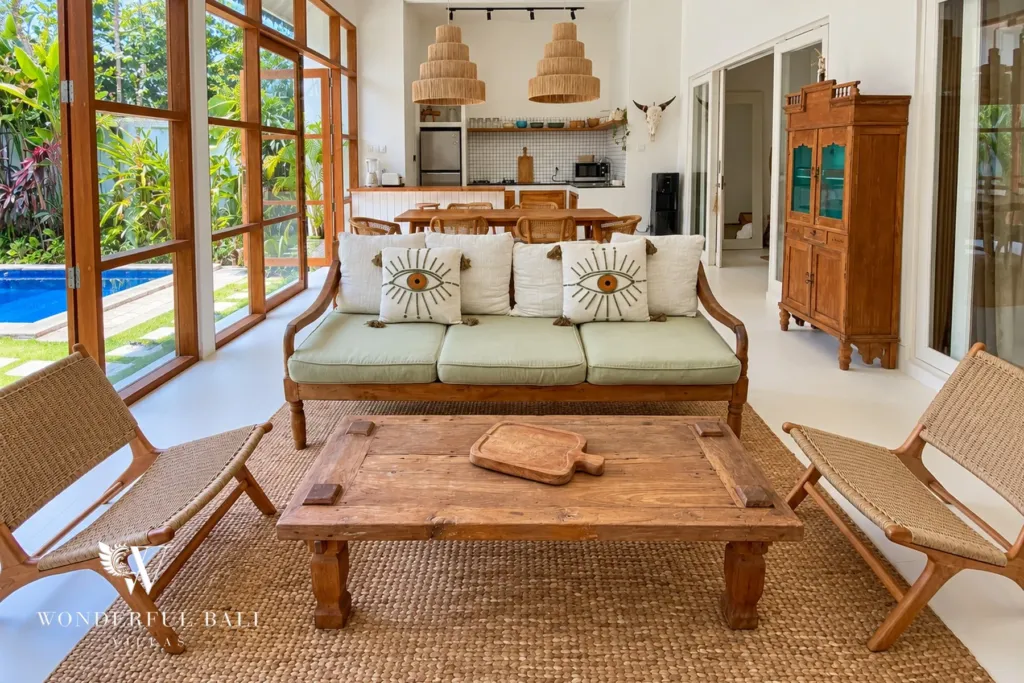 2BR villa Berawa, Canggu — living room with garden doors