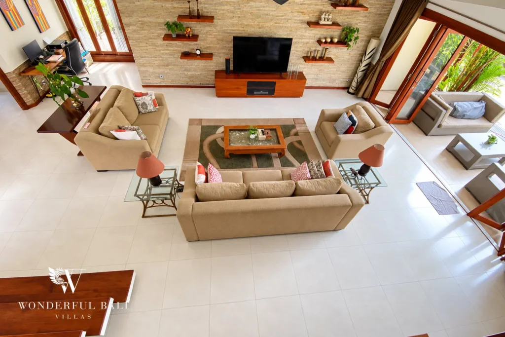 3BR villa for rent in Sanur — living room seen from the gallery above