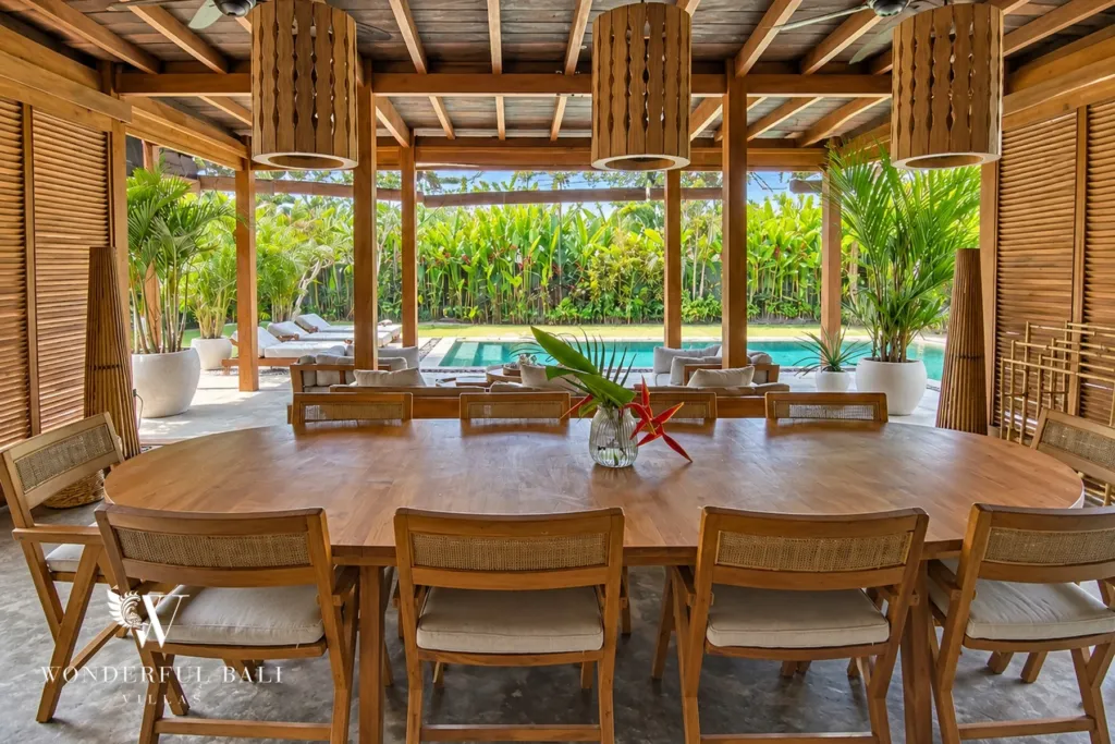 3BR villa Seseh, Canggu — dining room under a timber roof