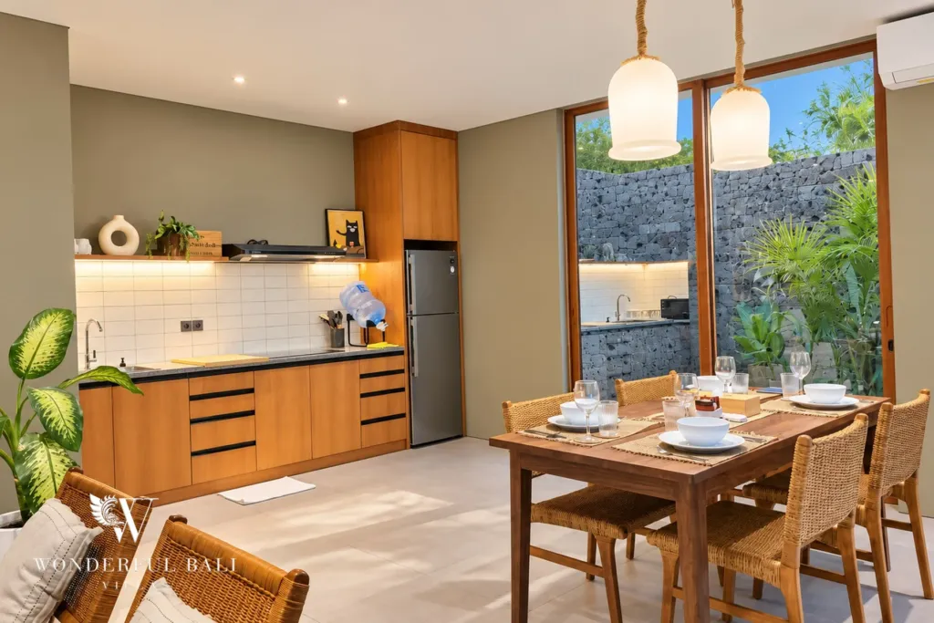 2BR villa long term rental Pererenan — kitchen and dining table