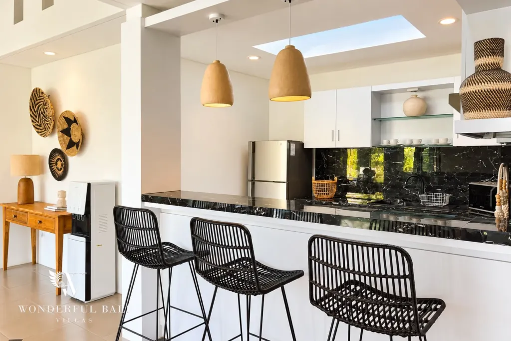 3BR villa Berawa, Canggu — kitchen with black-stone breakfast bar