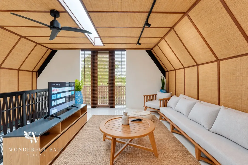 4BR villa for sale in Canggu — upper lounge under a woven bamboo ceiling