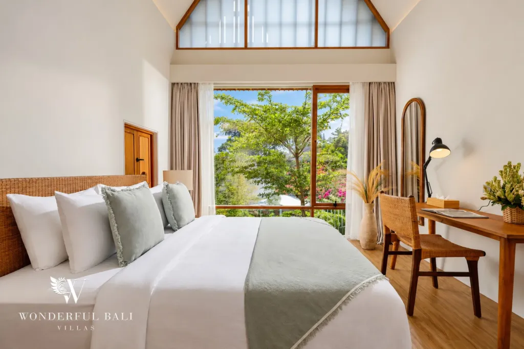2BR villa long term rental Pererenan — bedroom with desk and garden view
