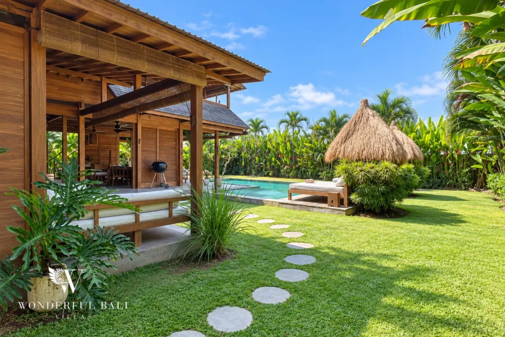 3BR villa Seseh, Canggu — garden path across the lawn