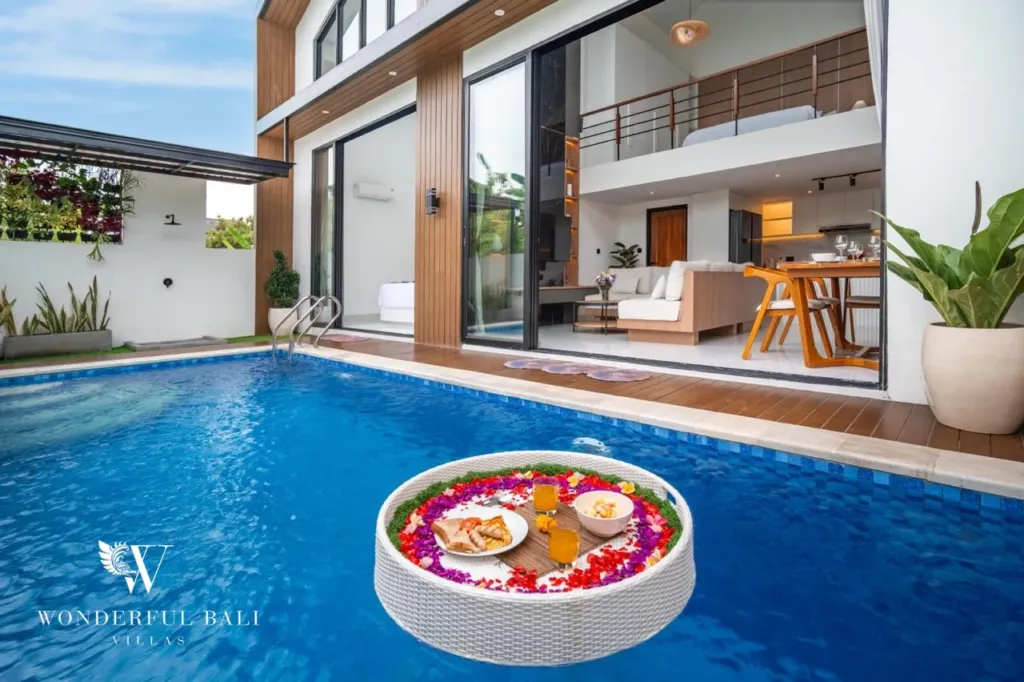 3BR villa for sale in Saba, Gianyar — floating breakfast tray in the pool in front of the villa