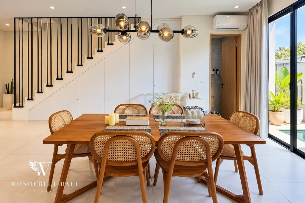2BR villa for sale in Sanur — dining area beside the staircase and pool doors