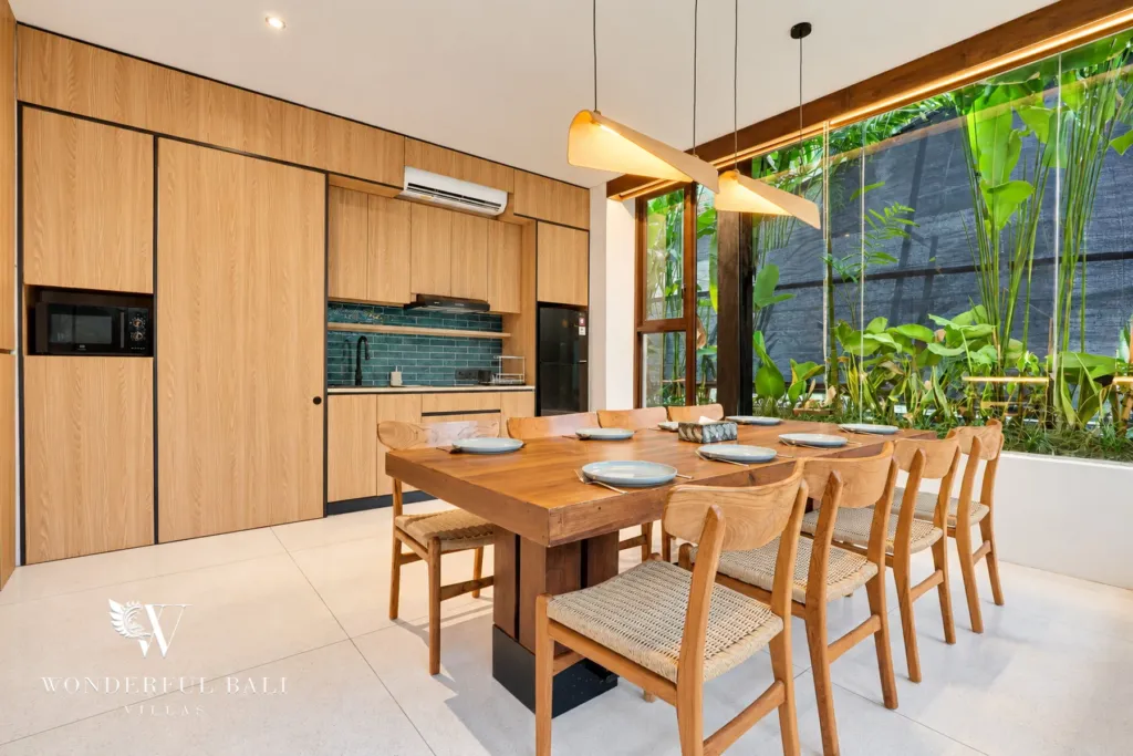 4BR villa for sale in Canggu — enclosed kitchen and dining table for eight
