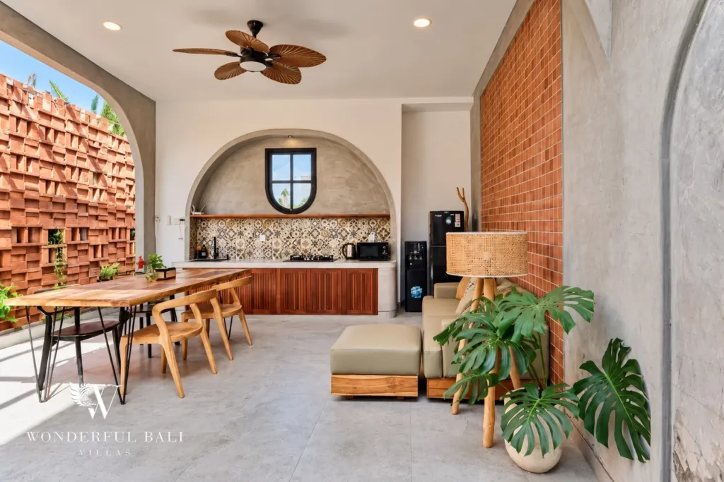2BR villa for sale in Sanur — living area and kitchen with patterned tile backsplash