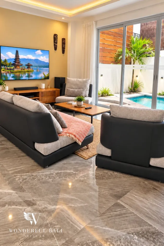 3BR villa for rent in Padonan — living room with sliding doors onto the pool