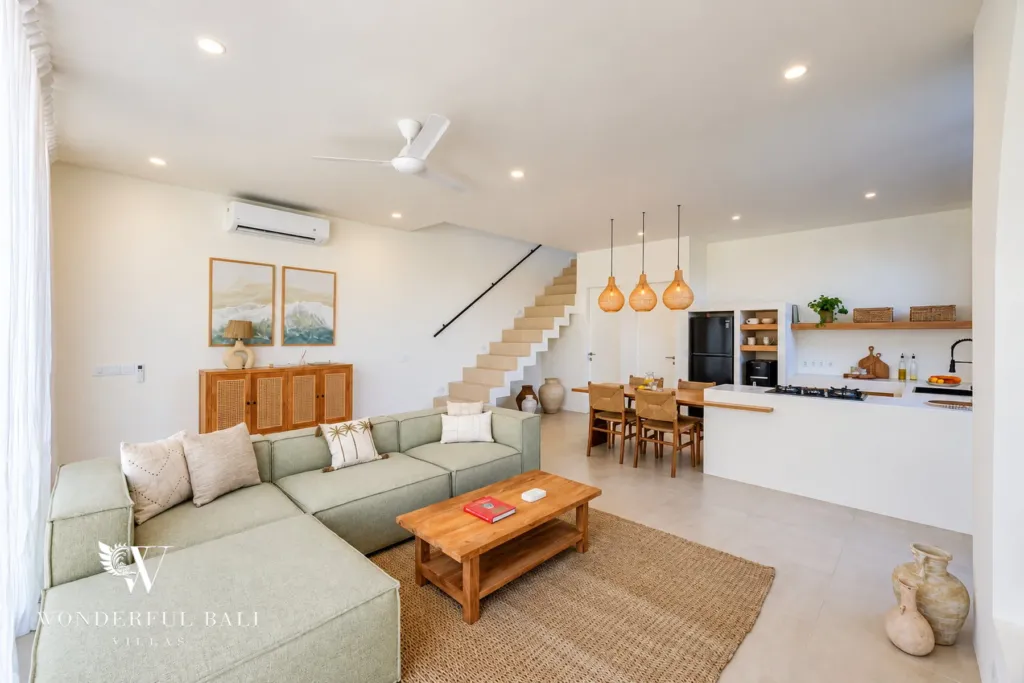 2BR villa for rent in Munggu — open-plan living, dining and kitchen