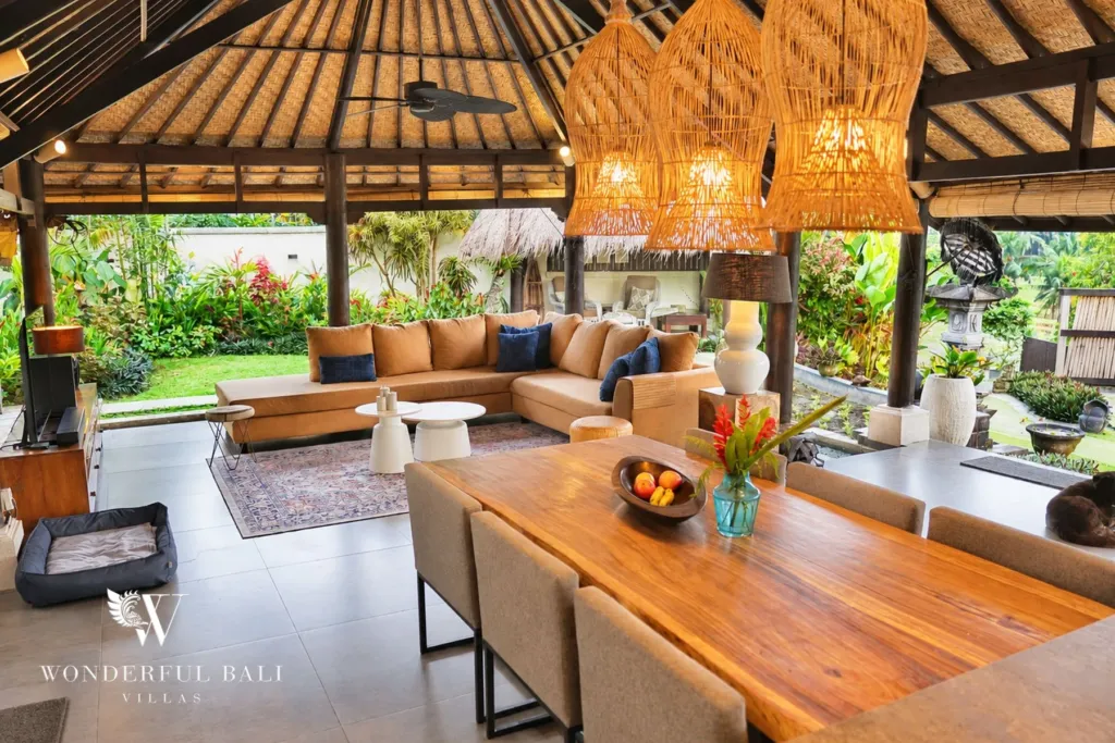 3BR villa for rent in Tabanan — open-plan living and dining pavilion with rattan pendants