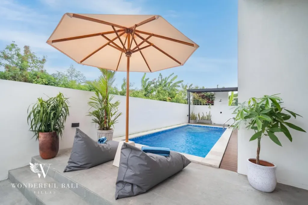3BR villa for sale in Saba, Gianyar — pool terrace with umbrella, beanbags and potted plants