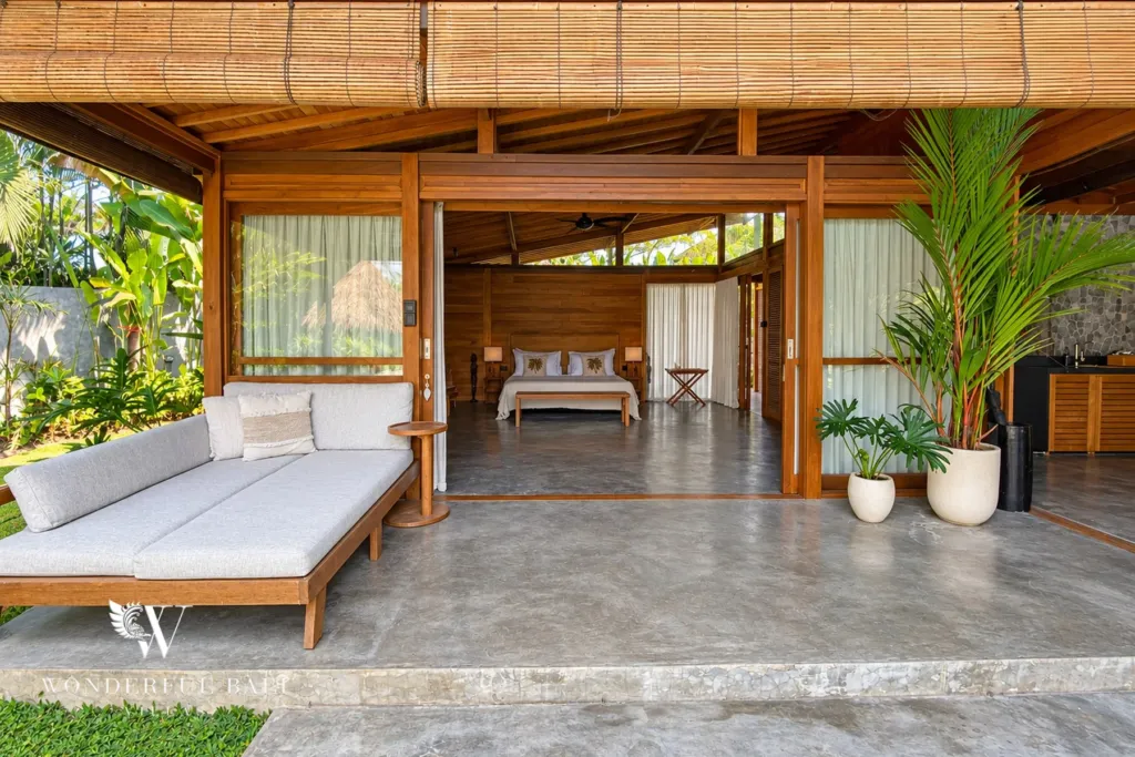 3BR villa Seseh, Canggu — covered terrace with daybed