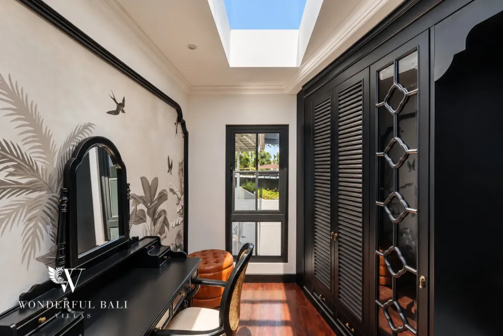 7BR villa for sale in Umalas — dressing area with skylight and black louvred wardrobes