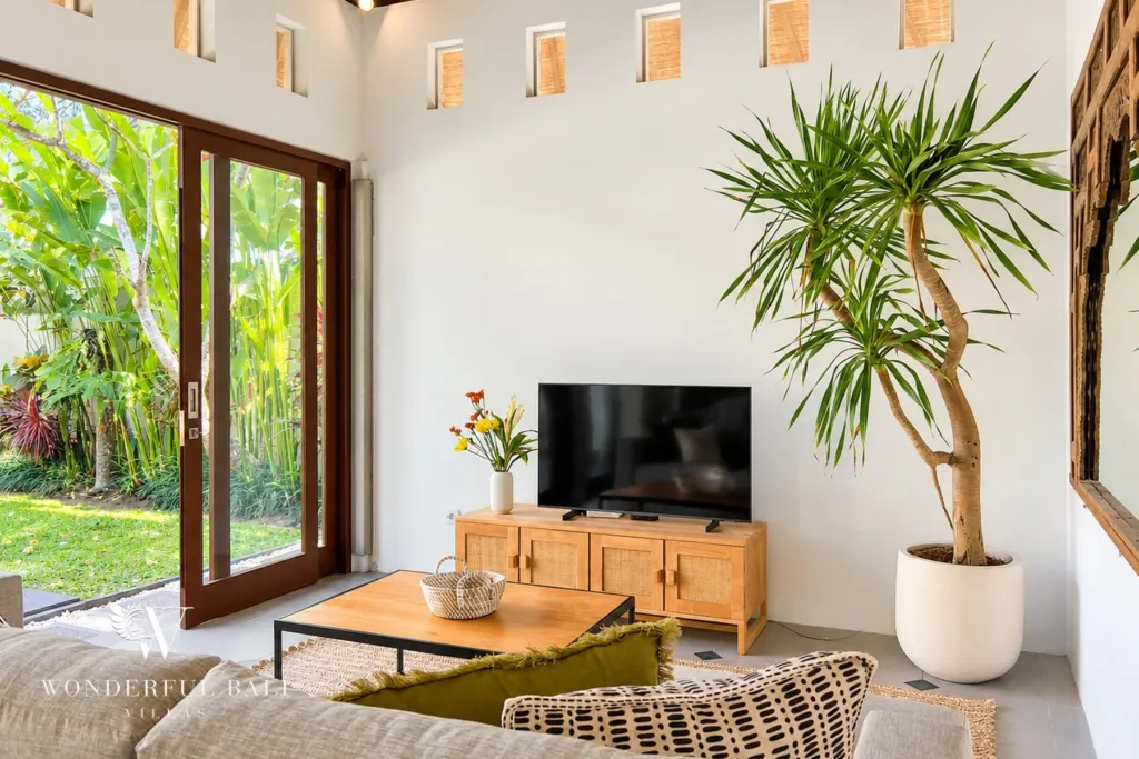 3BR villa Berawa, Canggu — living room with garden view