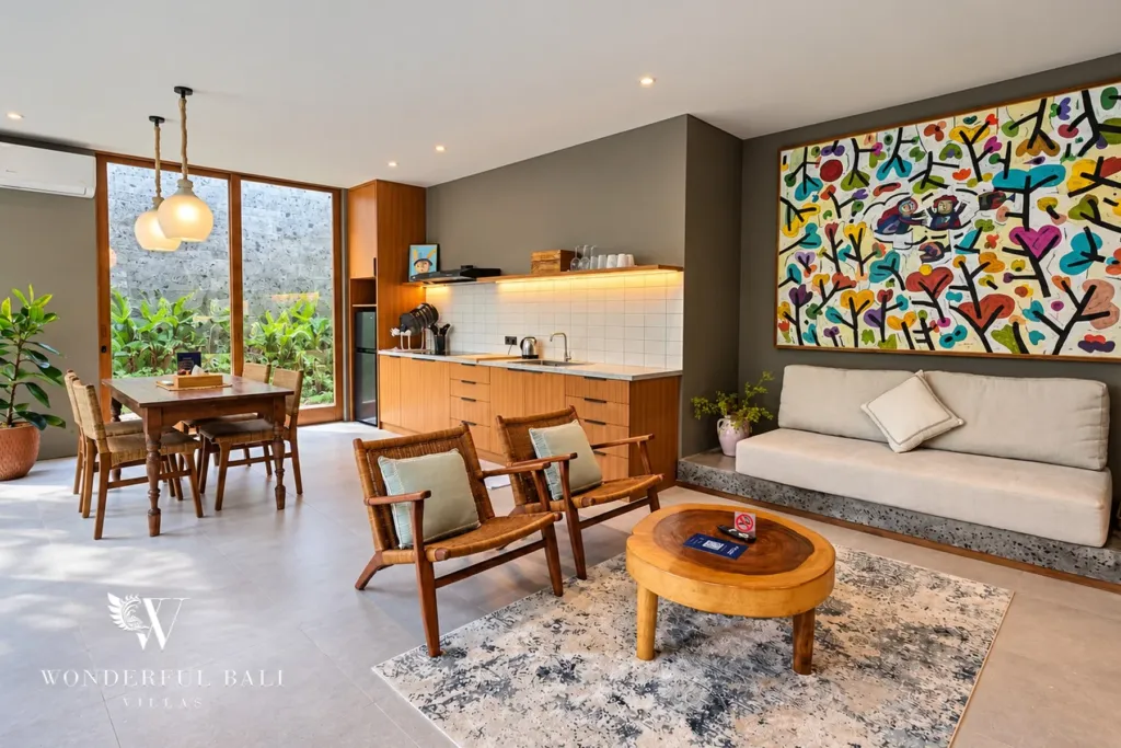 2BR villa long term rental Pererenan — open living area with kitchen