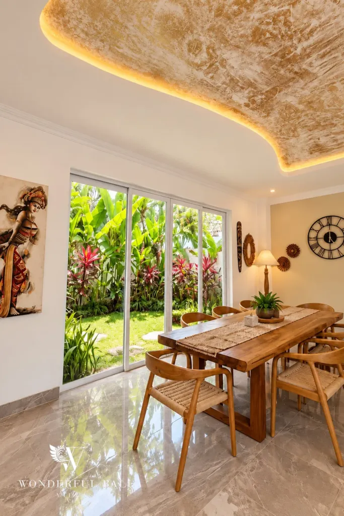 3BR villa for rent in Padonan — dining area for six under a gold-leaf ceiling