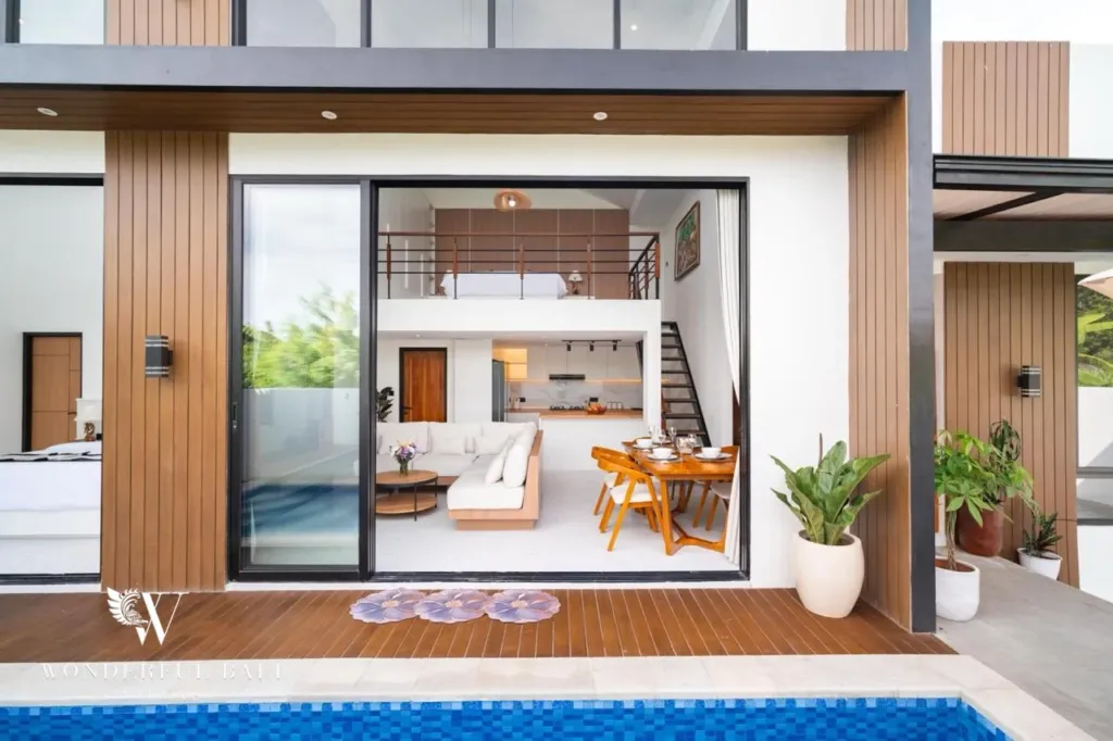 3BR villa for sale in Saba, Gianyar — open living area seen from the pool deck