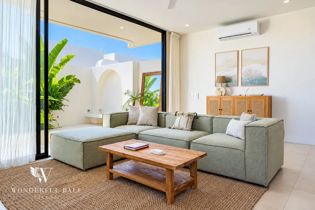 2BR villa for rent in Munggu — living room opening onto the courtyard