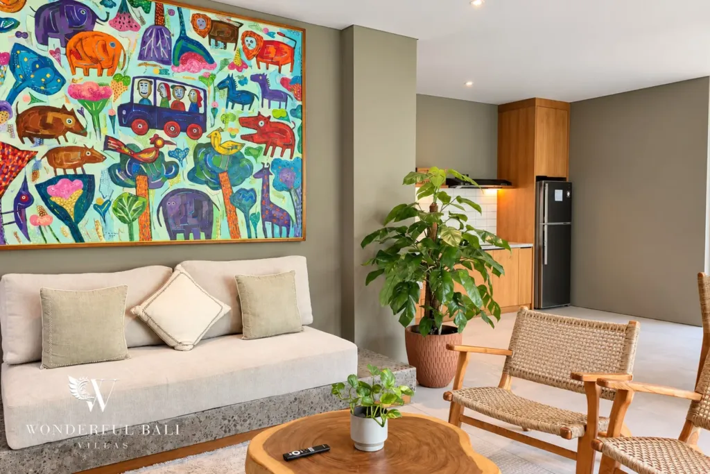 2BR villa long term rental Pererenan — lounge with built-in sofa