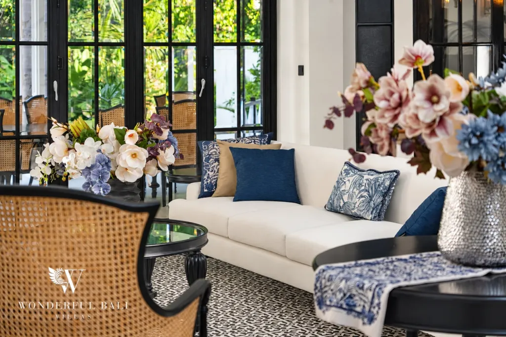 7BR villa for sale in Umalas — sitting room with French windows onto the garden