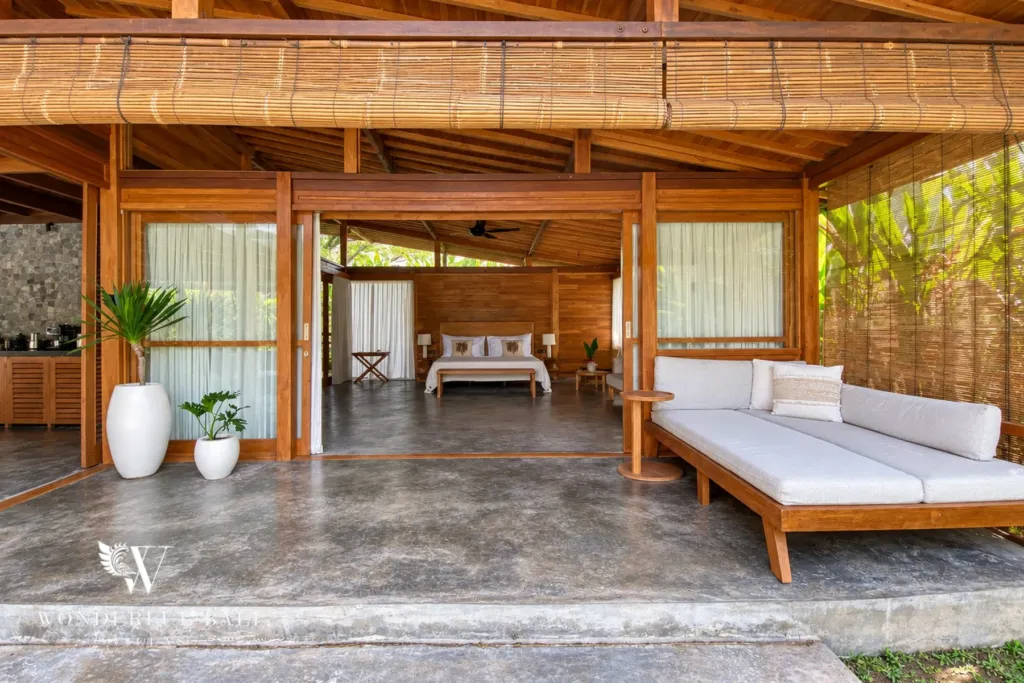 3BR villa Seseh, Canggu — terrace daybeds by the bedrooms