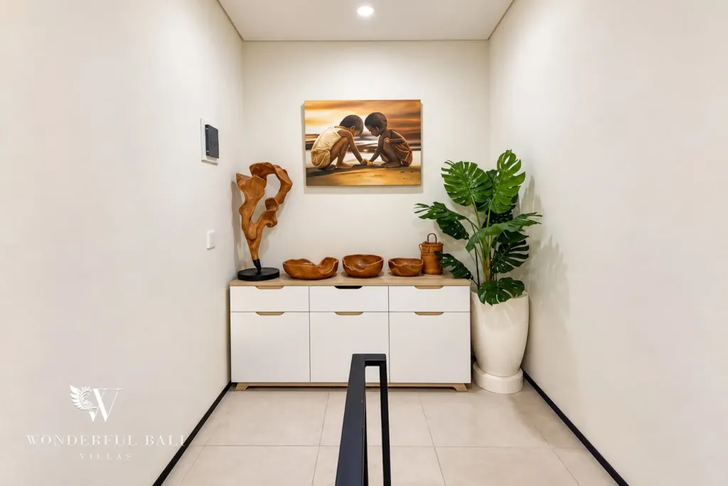 2BR villa for sale in Sanur — upper landing with sideboard