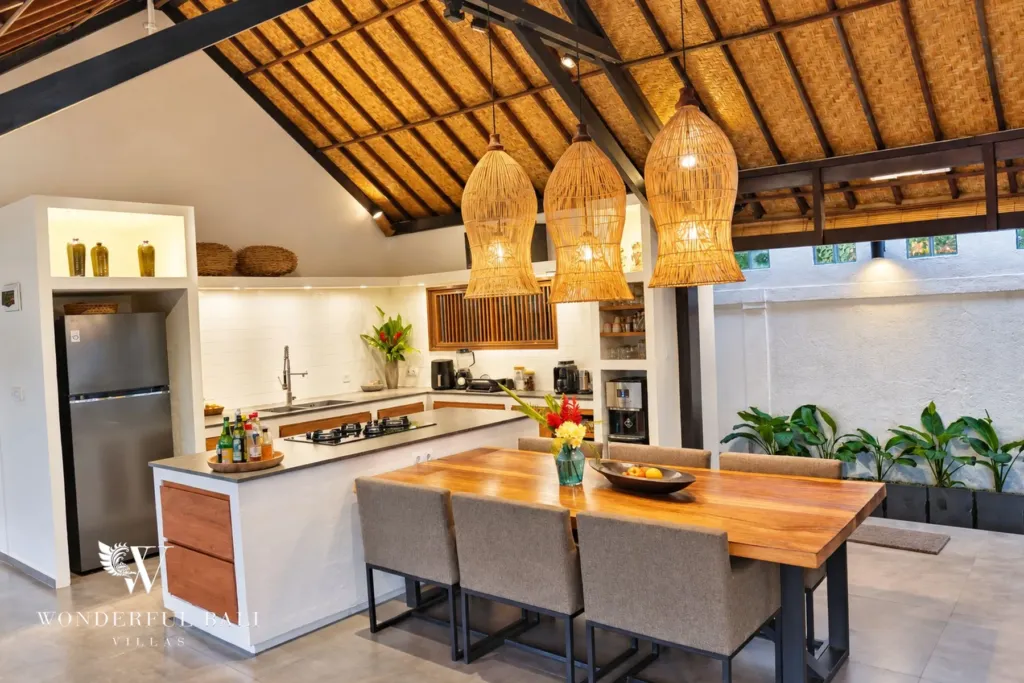 3BR villa for rent in Tabanan — dining table for eight beside the kitchen