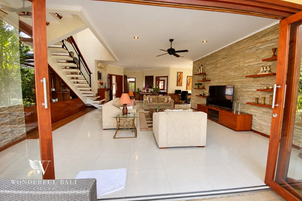 3BR villa for rent in Sanur — living room seen from the terrace doors
