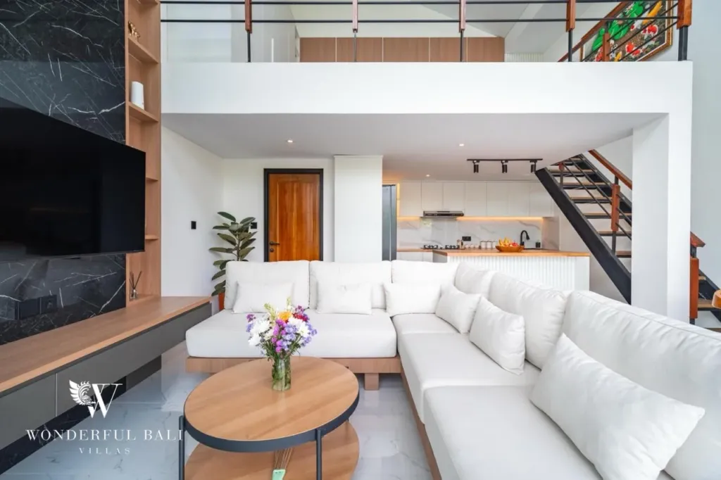 3BR villa for sale in Saba, Gianyar — living room with white sectional sofa and wall-mounted TV