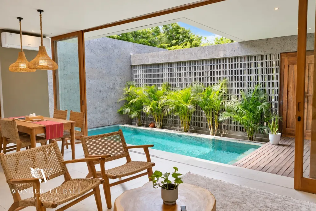 2BR villa long term rental Pererenan — living room facing the private pool