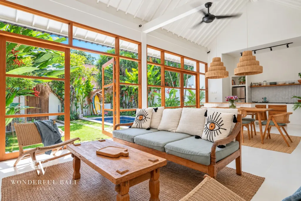 2BR villa Berawa, Canggu — lounge with garden view