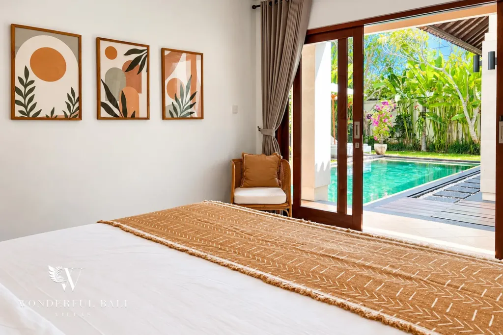 3BR villa Berawa, Canggu — bedroom with terrace doors to the pool