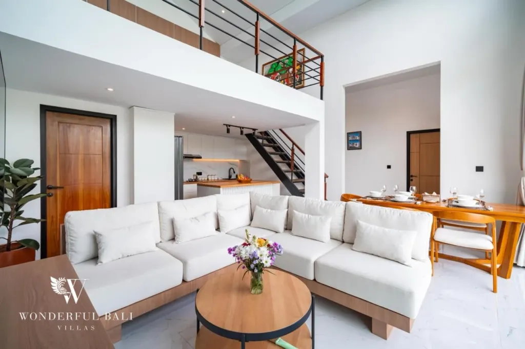 3BR villa for sale in Saba, Gianyar — living and dining area under the mezzanine