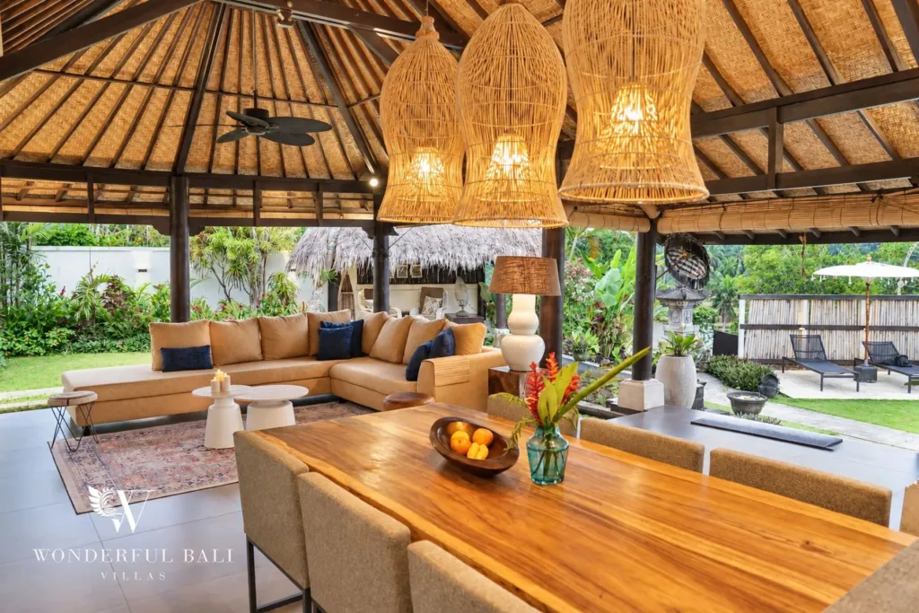 3BR villa for rent in Tabanan — living area and dining table opening to the garden