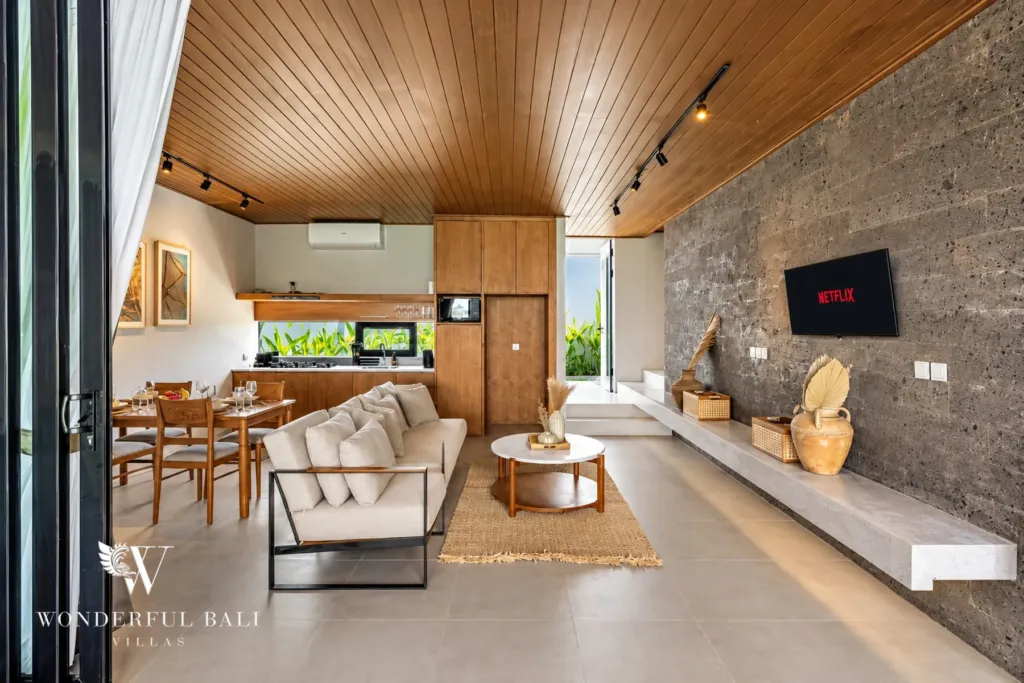 3BR villa long term rental Canggu — air-conditioned living room with Smart TV